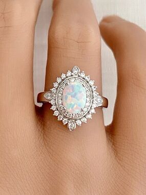 White Opal Halo CZ 925 Sterling Silver Band Women’s Statement Ring Size 8